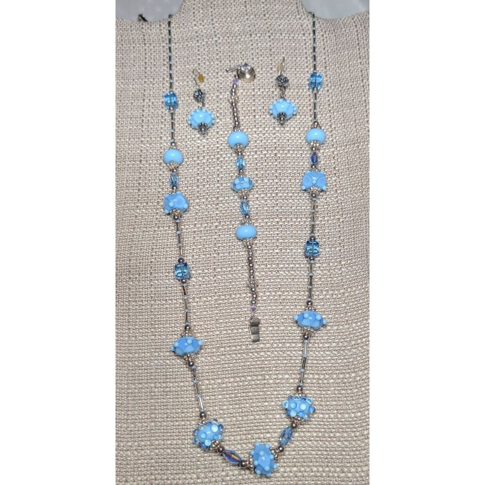 Artisan Made Blue Glass Beaded Necklace Bracelet & Earrings Set With Silver Acce
